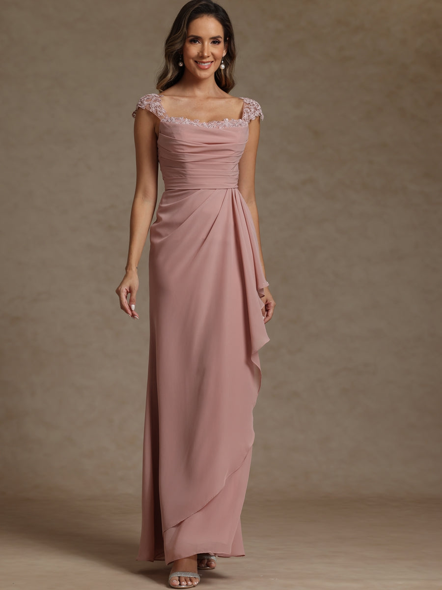 Sheath/Column Square Neck Pleated Ruffle Floor-Length Mother of the Bride Dresses with Lace Appliques