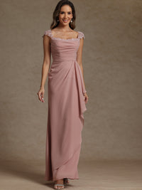 Sheath/Column Square Neck Pleated Ruffle Floor-Length Mother of the Bride Dresses with Lace Appliques
