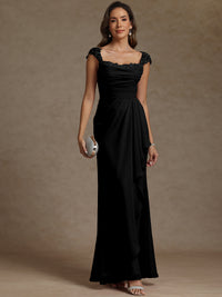 Sheath/Column Square Neck Pleated Ruffle Floor-Length Mother of the Bride Dresses with Lace Appliques