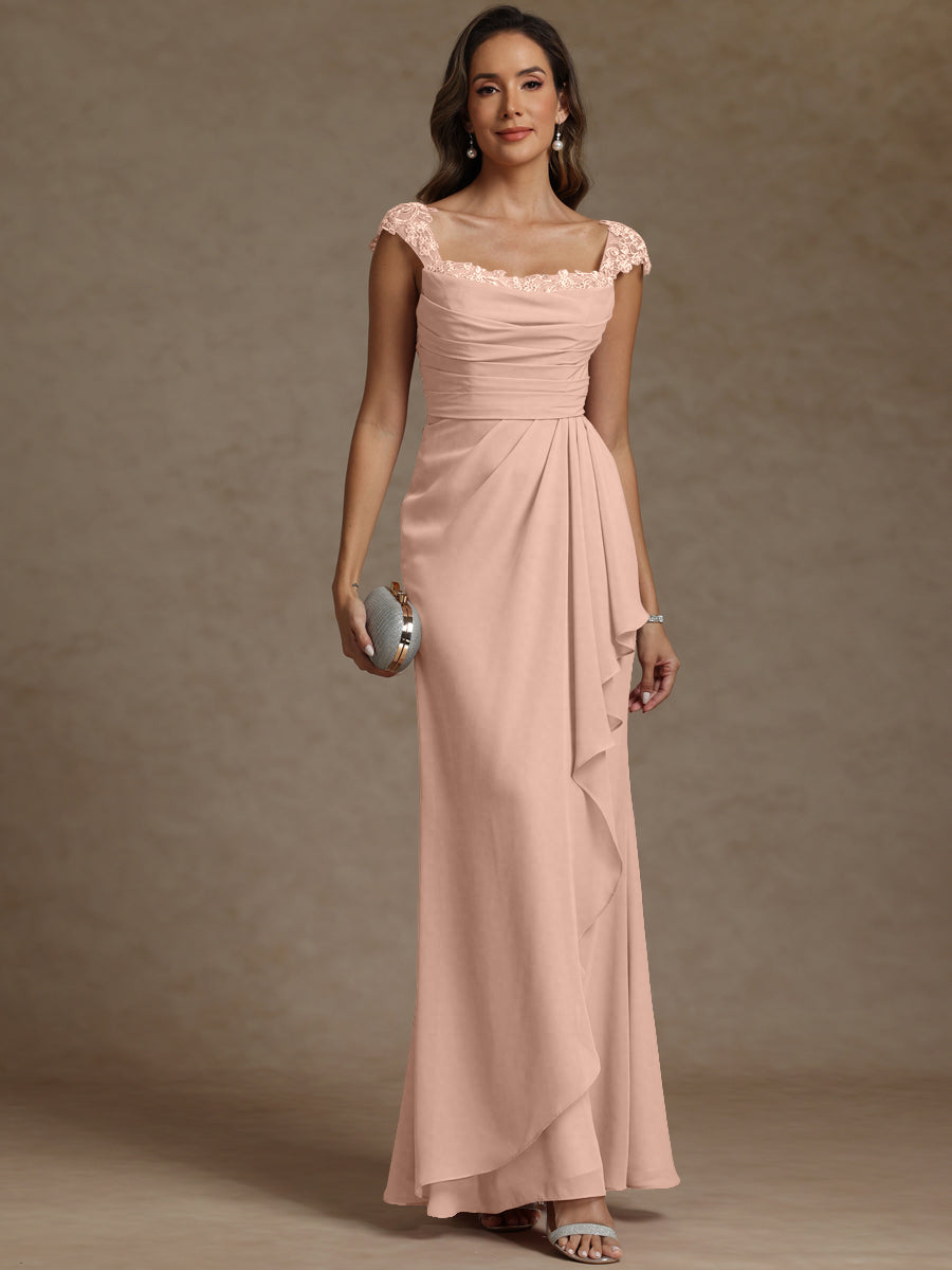 Sheath/Column Square Neck Pleated Ruffle Floor-Length Mother of the Bride Dresses with Lace Appliques