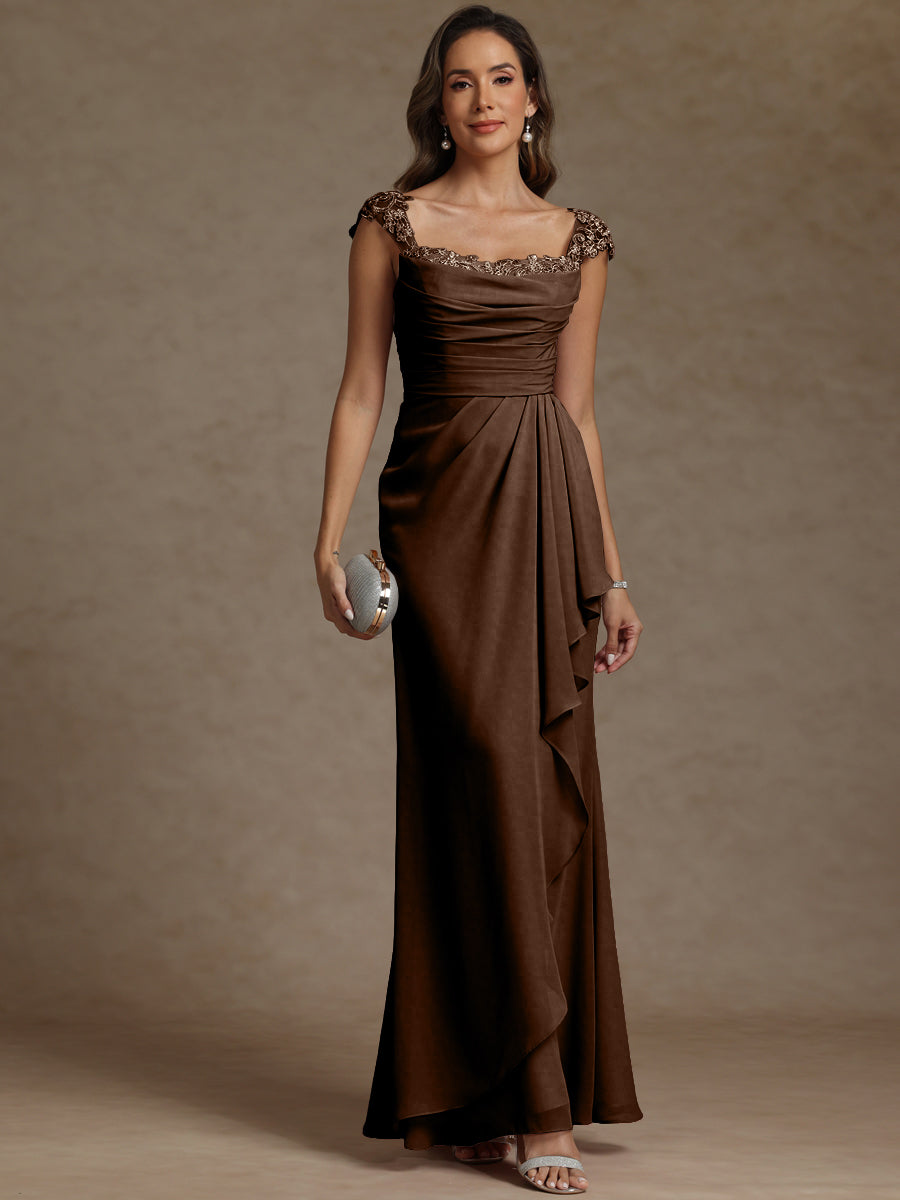 Sheath/Column Square Neck Pleated Ruffle Floor-Length Mother of the Bride Dresses with Lace Appliques