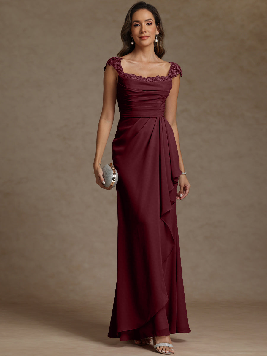 Sheath/Column Square Neck Pleated Ruffle Floor-Length Mother of the Bride Dresses with Lace Appliques