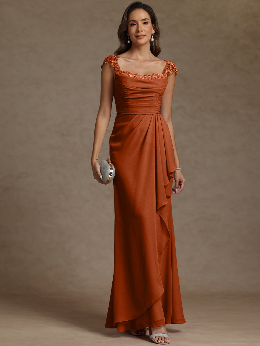 Sheath/Column Square Neck Pleated Ruffle Floor-Length Mother of the Bride Dresses with Lace Appliques