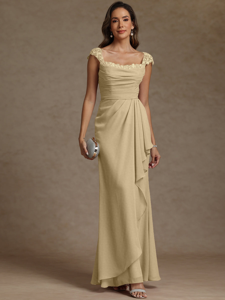 Sheath/Column Square Neck Pleated Ruffle Floor-Length Mother of the Bride Dresses with Lace Appliques