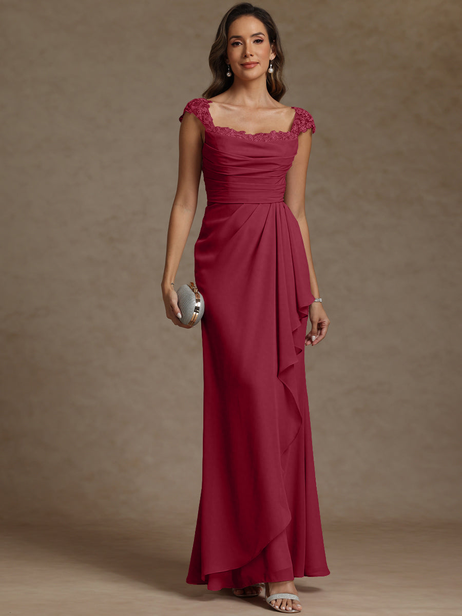 Sheath/Column Square Neck Pleated Ruffle Floor-Length Mother of the Bride Dresses with Lace Appliques