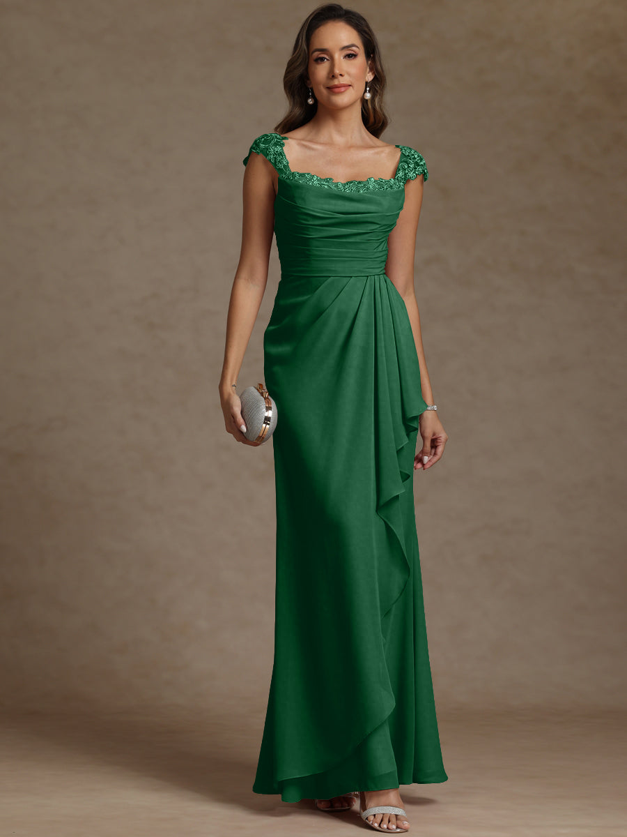 Sheath/Column Square Neck Pleated Ruffle Floor-Length Mother of the Bride Dresses with Lace Appliques