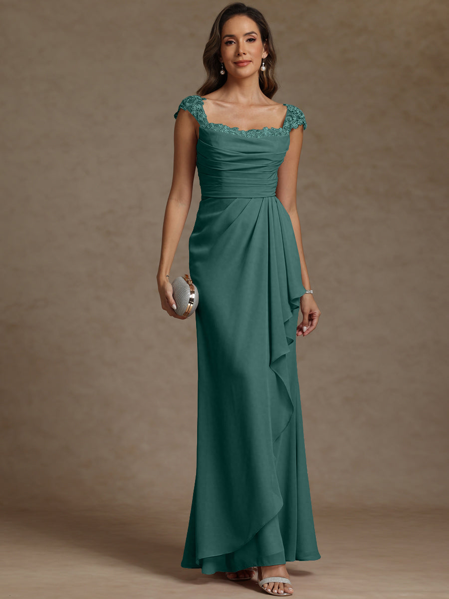 Sheath/Column Square Neck Pleated Ruffle Floor-Length Mother of the Bride Dresses with Lace Appliques