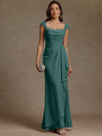 Sheath/Column Square Neck Pleated Ruffle Floor-Length Mother of the Bride Dresses with Lace Appliques