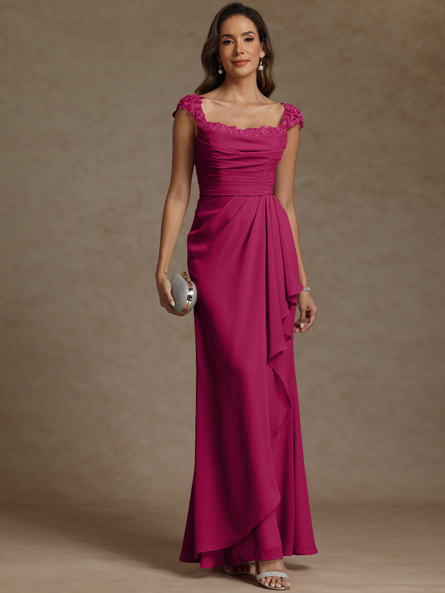 Sheath/Column Square Neck Pleated Ruffle Floor-Length Mother of the Bride Dresses with Lace Appliques