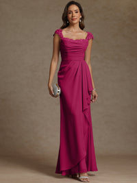Sheath/Column Square Neck Pleated Ruffle Floor-Length Mother of the Bride Dresses with Lace Appliques