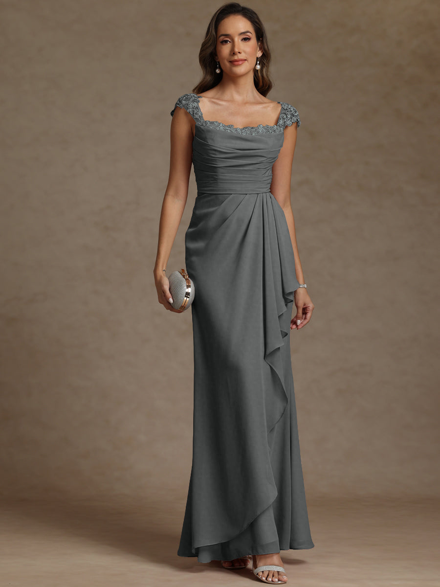 Sheath/Column Square Neck Pleated Ruffle Floor-Length Mother of the Bride Dresses with Lace Appliques