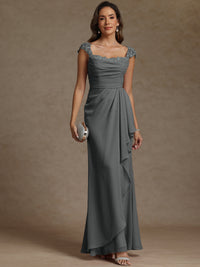 Sheath/Column Square Neck Pleated Ruffle Floor-Length Mother of the Bride Dresses with Lace Appliques