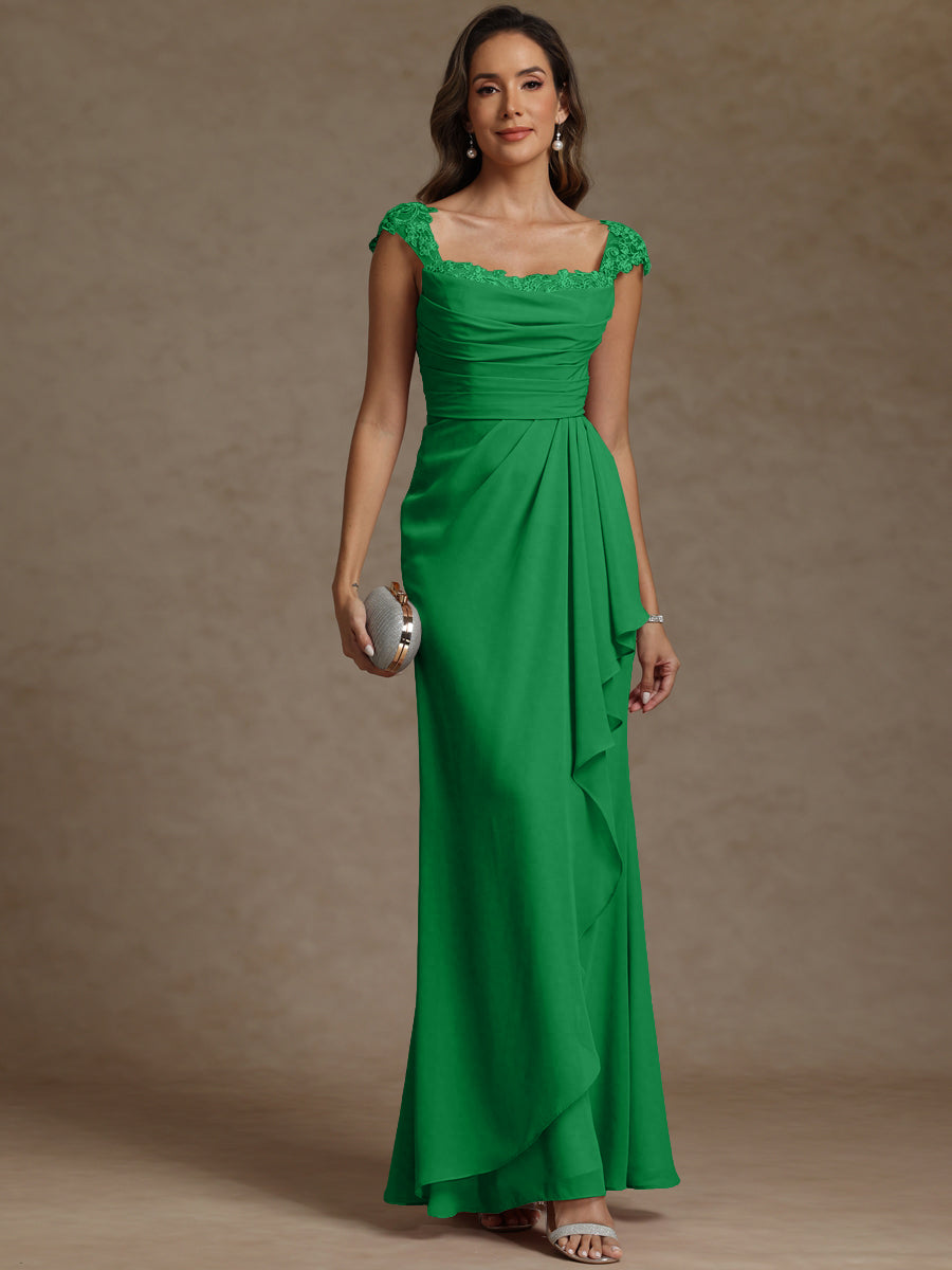 Sheath/Column Square Neck Pleated Ruffle Floor-Length Mother of the Bride Dresses with Lace Appliques