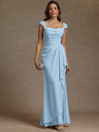 Sheath/Column Square Neck Pleated Ruffle Floor-Length Mother of the Bride Dresses with Lace Appliques