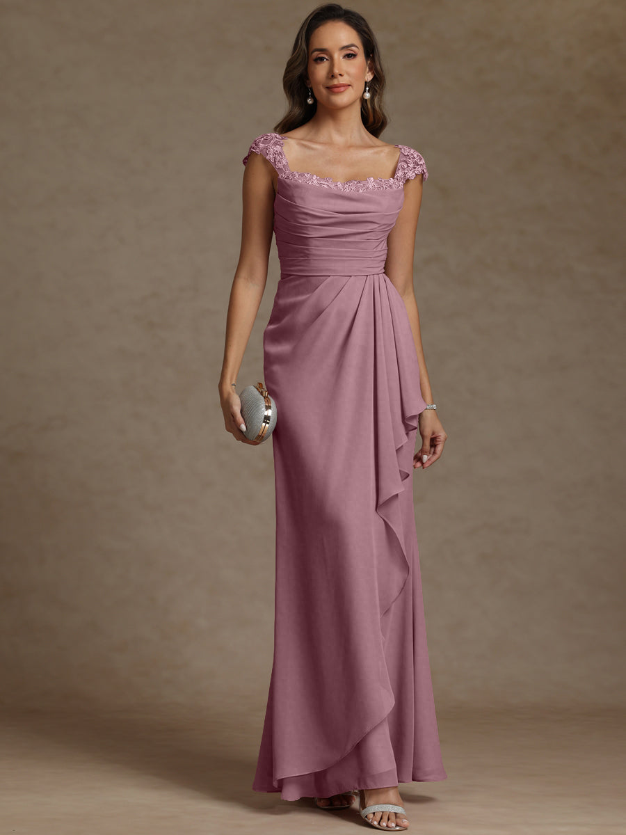 Sheath/Column Square Neck Pleated Ruffle Floor-Length Mother of the Bride Dresses with Lace Appliques