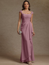 Sheath/Column Square Neck Pleated Ruffle Floor-Length Mother of the Bride Dresses with Lace Appliques