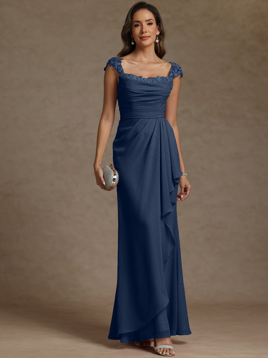 Sheath/Column Square Neck Pleated Ruffle Floor-Length Mother of the Bride Dresses with Lace Appliques