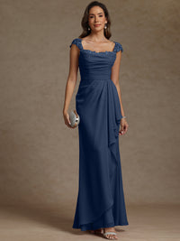 Sheath/Column Square Neck Pleated Ruffle Floor-Length Mother of the Bride Dresses with Lace Appliques