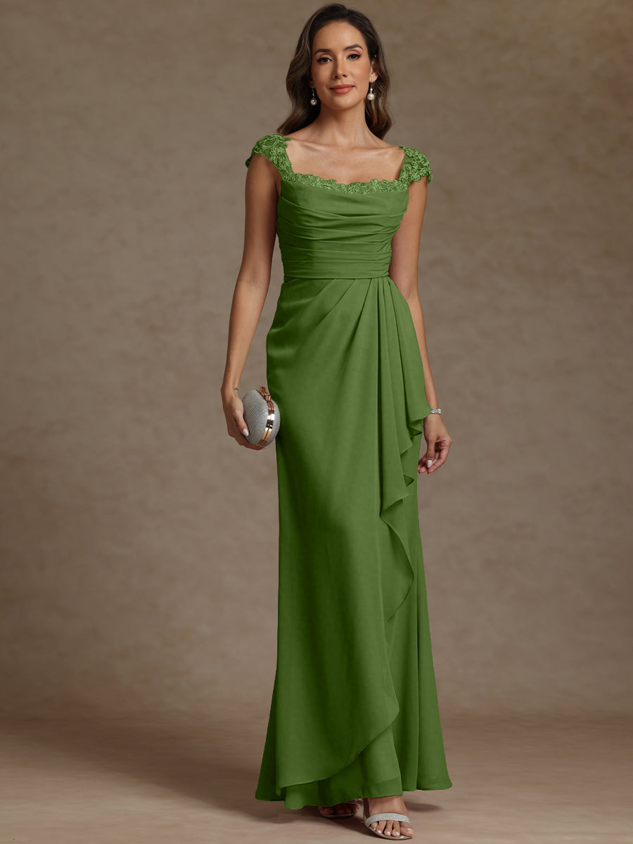 Sheath/Column Square Neck Pleated Ruffle Floor-Length Mother of the Bride Dresses with Lace Appliques