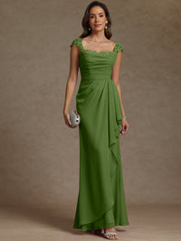 Sheath/Column Square Neck Pleated Ruffle Floor-Length Mother of the Bride Dresses with Lace Appliques