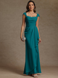 Sheath/Column Square Neck Pleated Ruffle Floor-Length Mother of the Bride Dresses with Lace Appliques
