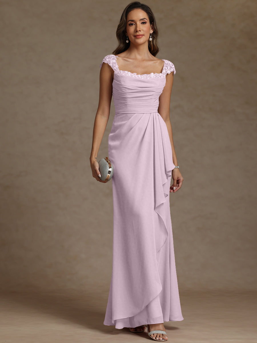 Sheath/Column Square Neck Pleated Ruffle Floor-Length Mother of the Bride Dresses with Lace Appliques
