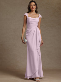 Sheath/Column Square Neck Pleated Ruffle Floor-Length Mother of the Bride Dresses with Lace Appliques