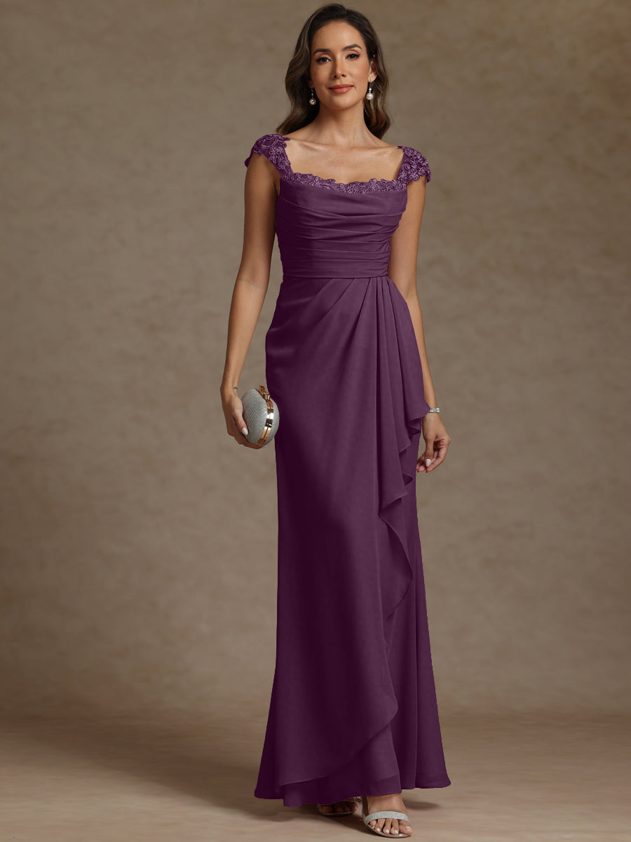 Sheath/Column Square Neck Pleated Ruffle Floor-Length Mother of the Bride Dresses with Lace Appliques