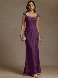 Sheath/Column Square Neck Pleated Ruffle Floor-Length Mother of the Bride Dresses with Lace Appliques
