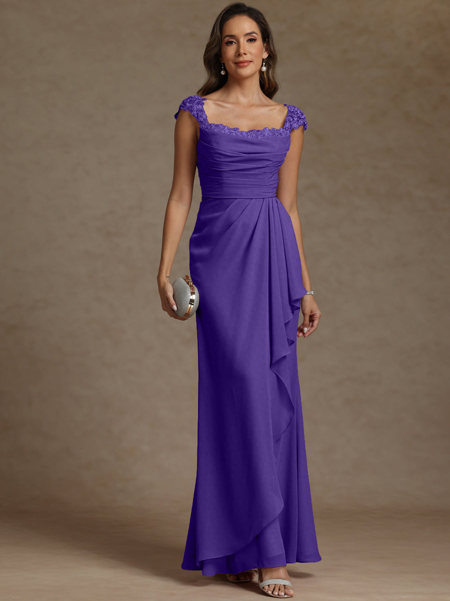 Sheath/Column Square Neck Pleated Ruffle Floor-Length Mother of the Bride Dresses with Lace Appliques