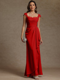 Sheath/Column Square Neck Pleated Ruffle Floor-Length Mother of the Bride Dresses with Lace Appliques