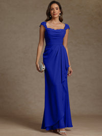 Sheath/Column Square Neck Pleated Ruffle Floor-Length Mother of the Bride Dresses with Lace Appliques