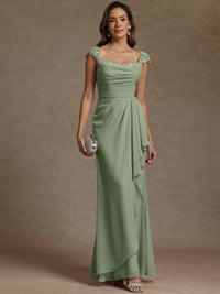Sheath/Column Square Neck Pleated Ruffle Floor-Length Mother of the Bride Dresses with Lace Appliques