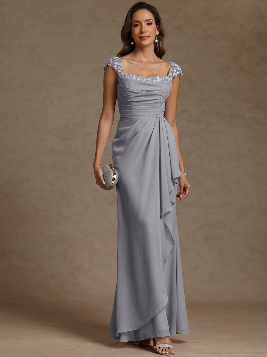 Sheath/Column Square Neck Pleated Ruffle Floor-Length Mother of the Bride Dresses with Lace Appliques