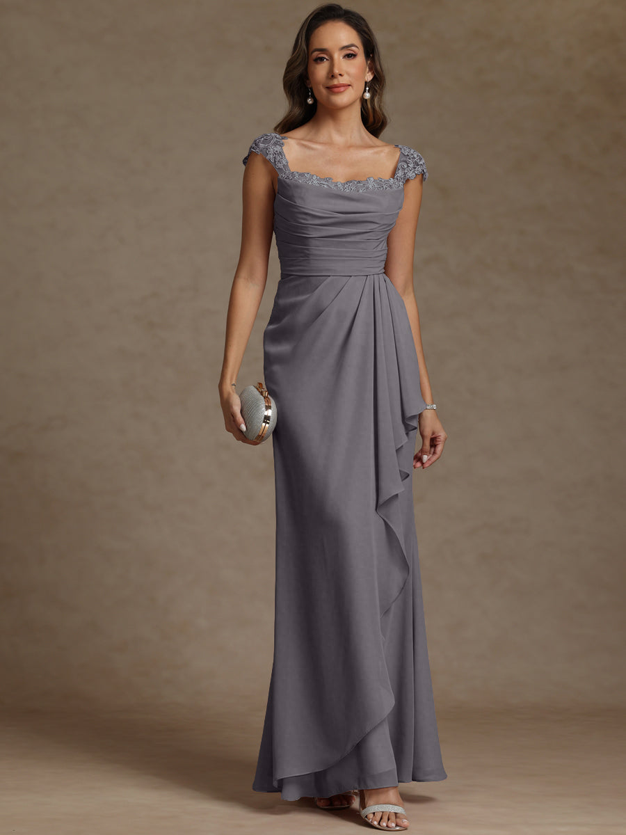 Sheath/Column Square Neck Pleated Ruffle Floor-Length Mother of the Bride Dresses with Lace Appliques