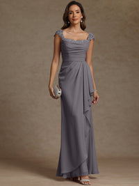 Sheath/Column Square Neck Pleated Ruffle Floor-Length Mother of the Bride Dresses with Lace Appliques