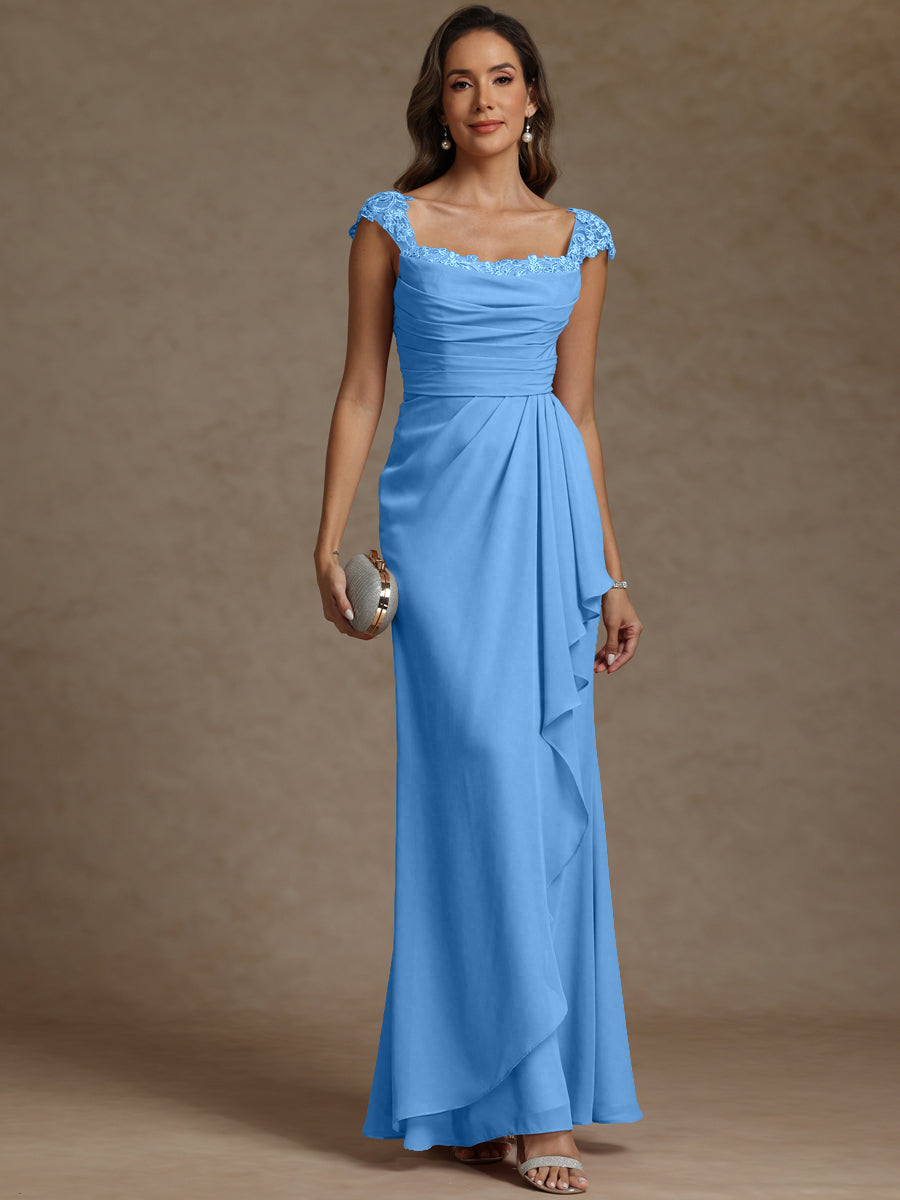 Sheath/Column Square Neck Pleated Ruffle Floor-Length Mother of the Bride Dresses with Lace Appliques