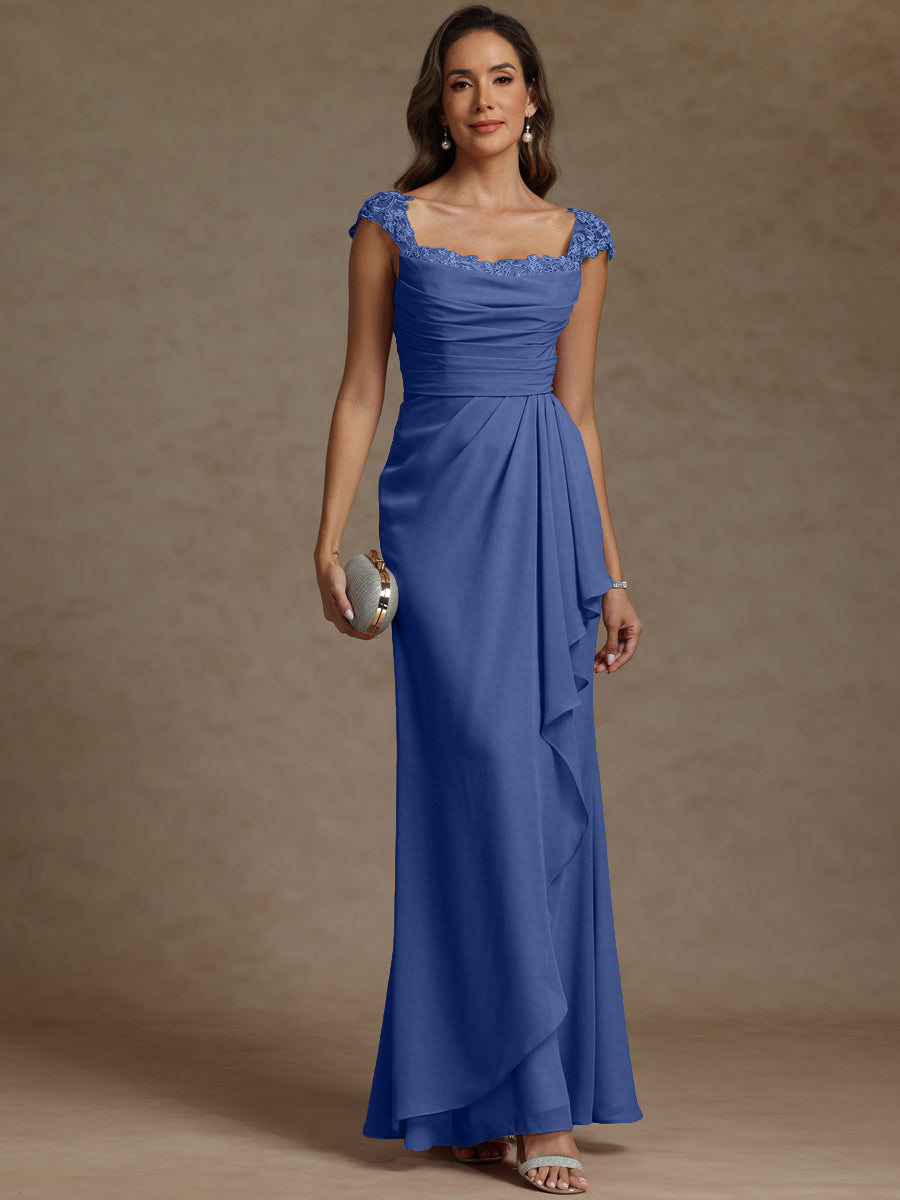 Sheath/Column Square Neck Pleated Ruffle Floor-Length Mother of the Bride Dresses with Lace Appliques