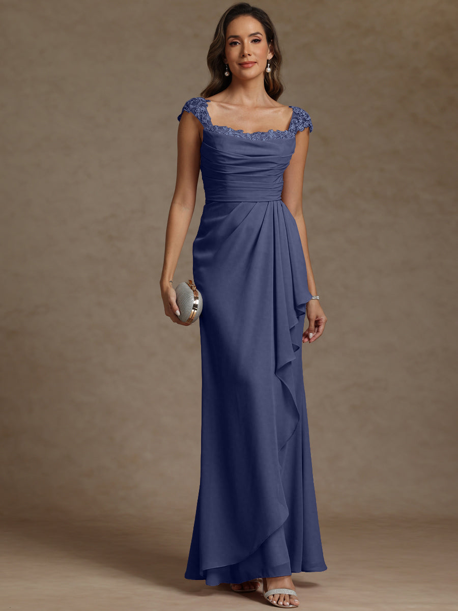 Sheath/Column Square Neck Pleated Ruffle Floor-Length Mother of the Bride Dresses with Lace Appliques