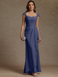 Sheath/Column Square Neck Pleated Ruffle Floor-Length Mother of the Bride Dresses with Lace Appliques