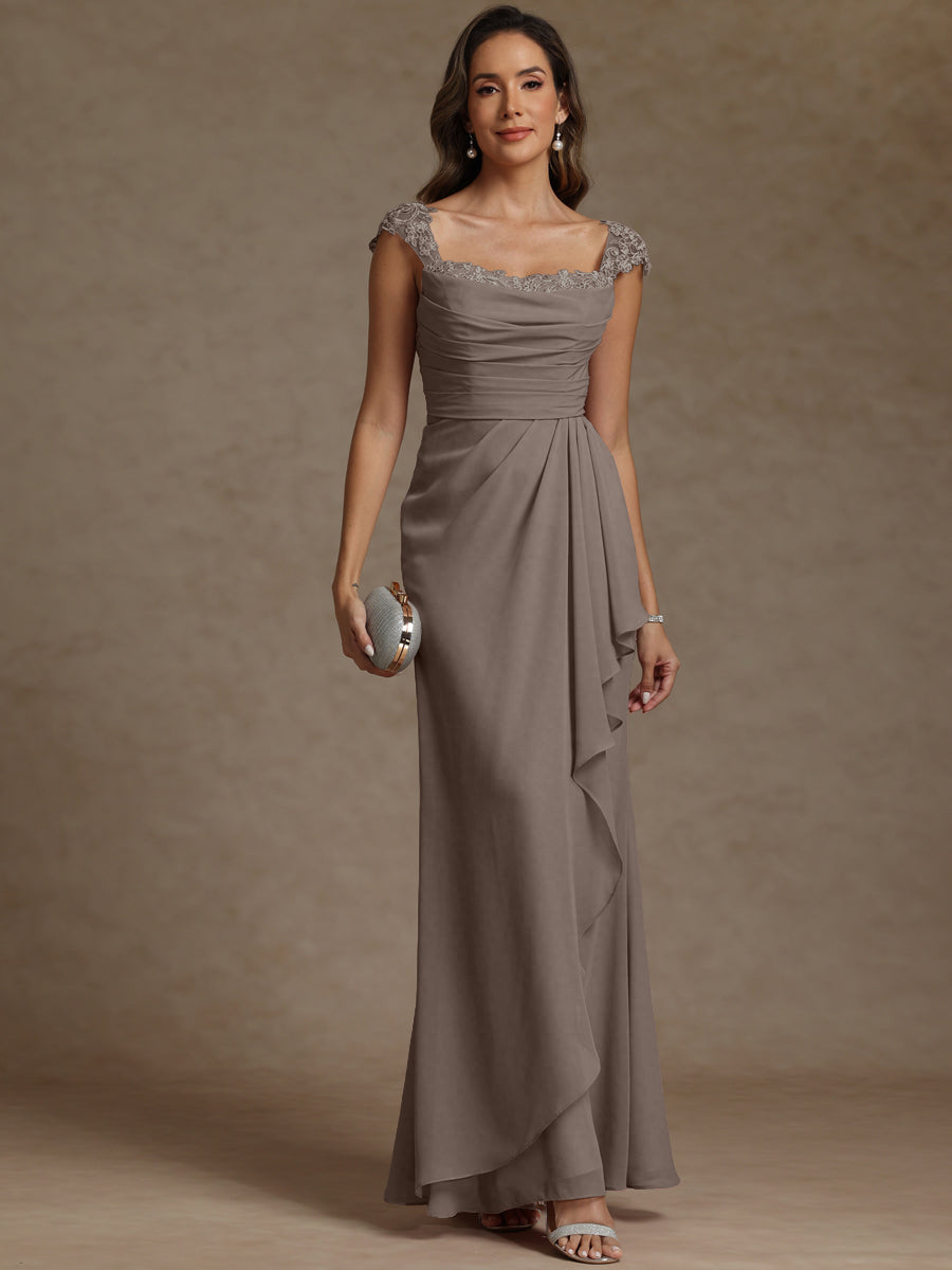 Sheath/Column Square Neck Pleated Ruffle Floor-Length Mother of the Bride Dresses with Lace Appliques