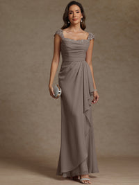 Sheath/Column Square Neck Pleated Ruffle Floor-Length Mother of the Bride Dresses with Lace Appliques