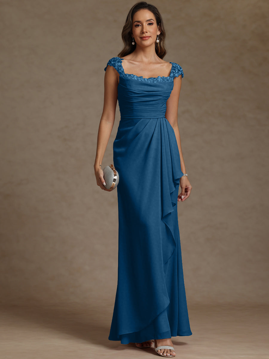 Sheath/Column Square Neck Pleated Ruffle Floor-Length Mother of the Bride Dresses with Lace Appliques