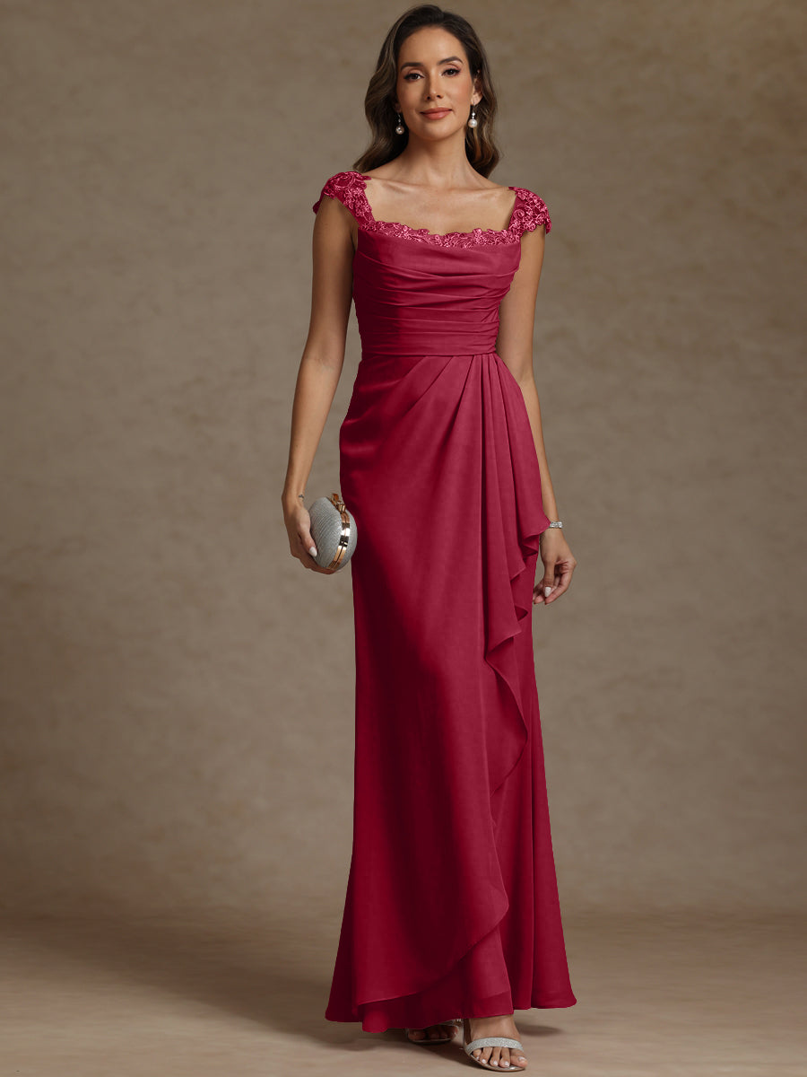 Sheath/Column Square Neck Pleated Ruffle Floor-Length Mother of the Bride Dresses with Lace Appliques