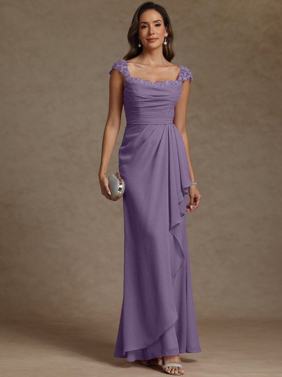 Sheath/Column Square Neck Pleated Ruffle Floor-Length Mother of the Bride Dresses with Lace Appliques