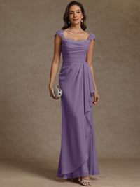 Sheath/Column Square Neck Pleated Ruffle Floor-Length Mother of the Bride Dresses with Lace Appliques