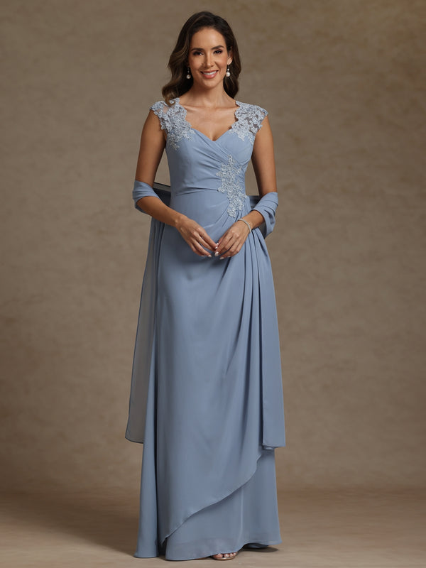 Sheath/Column V-Neck Pleated Lace Appliques Floor-Length Mother of the Bride Dresses with Ribbon