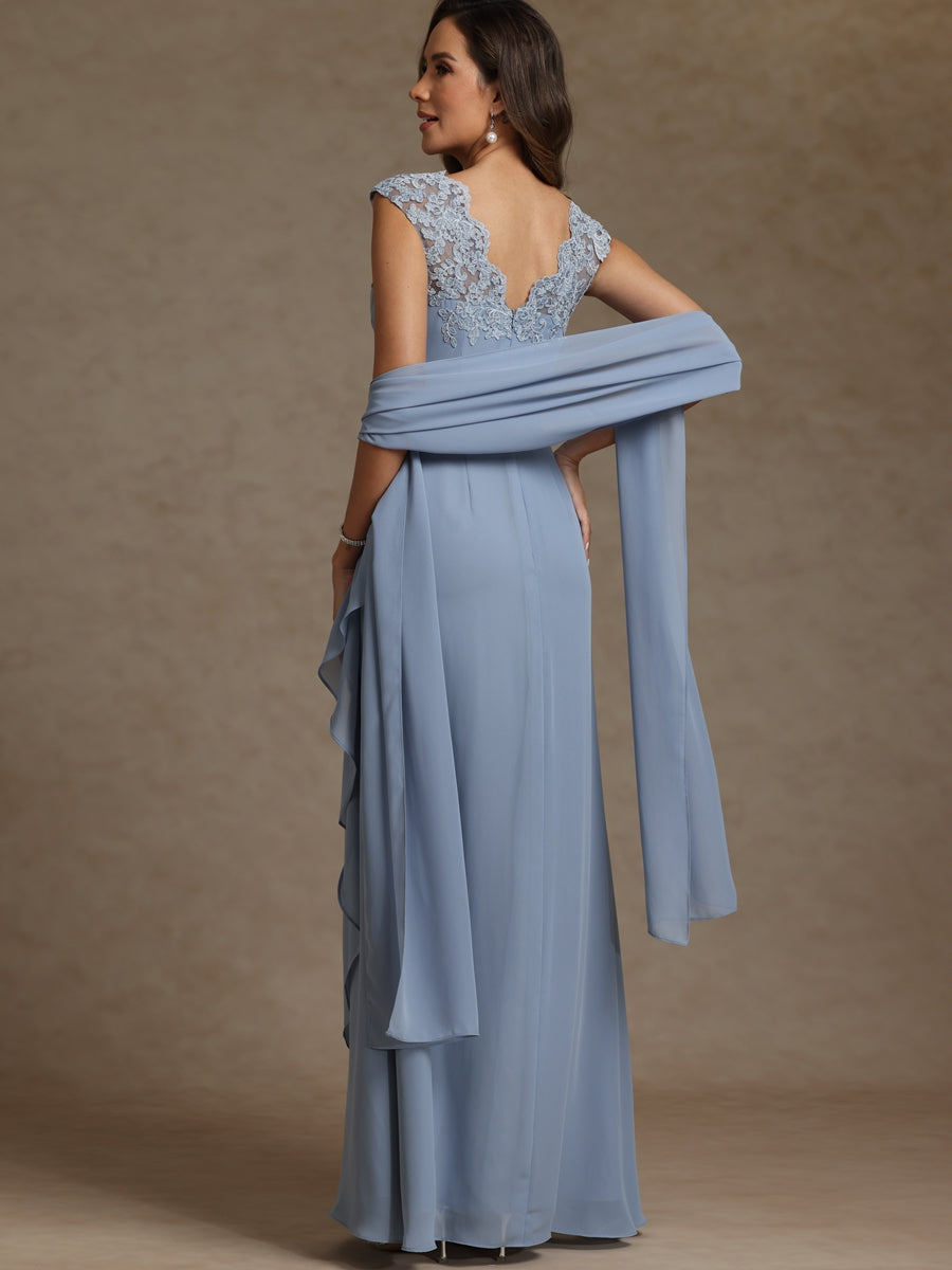Sheath/Column V-Neck Pleated Lace Appliques Floor-Length Mother of the Bride Dresses with Ribbon