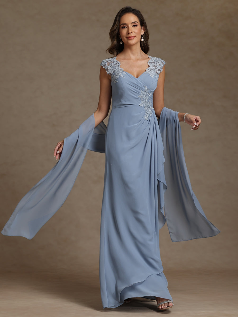 Sheath/Column V-Neck Pleated Lace Appliques Floor-Length Mother of the Bride Dresses with Ribbon