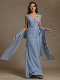 Sheath/Column V-Neck Pleated Lace Appliques Floor-Length Mother of the Bride Dresses with Ribbon